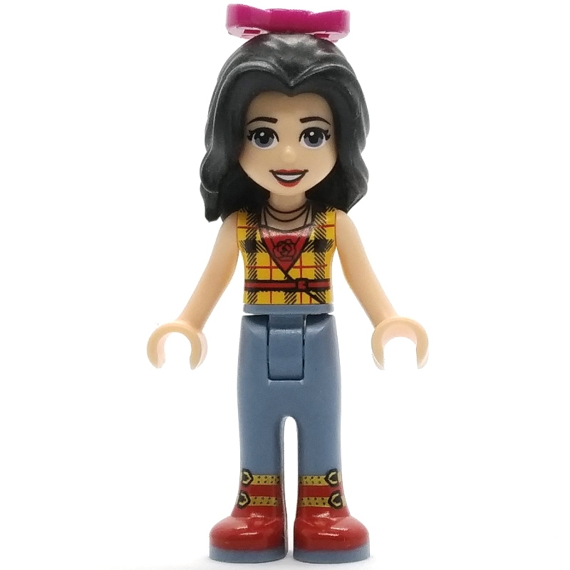 Vicky - chemise à carreaux jaune, pantalon bleu sable, noeud magenta (Vicky - Yellow Plaid Shirt, Sand Blue Trousers, Magenta Bow)