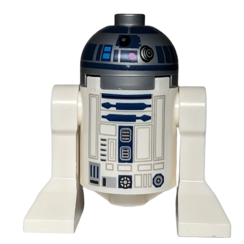 Astromécano droïde, R2-D2, dôme plat argenté, motif imprimé bleu foncé avec des points rose foncé (Astromech Droid, R2-D2, Flat Silver Dome, Dark Blue Print with Dark Pink Dots)