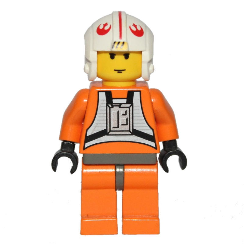 Luke Skywalker, tenue de pilote rebelle orange, peau jaune, hanches gris foncé (Luke Skywalker, Orange Rebel Pilot Outfit, Yellow Skin, Dark Gray Hips)