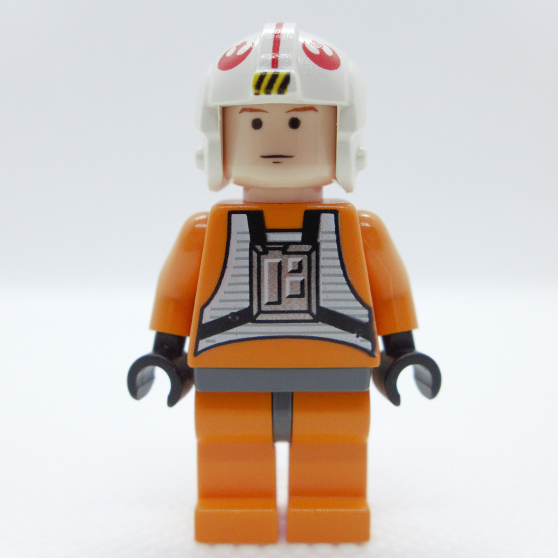 Luke Skywalker, tenue de pilote rebelle orange, hanches gris bleuté foncé, yeux noirs (Luke Skywalker, Orange Rebel Pilot Outfit, Dark Bluish Gray Hips, Black Eyes)