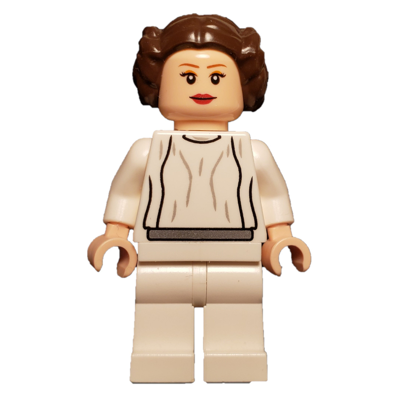 Princesse Leia, robe blanche, cheveux brun foncé, ceinture unie (Princess Leia, White Robe, Dark Brown Hair, Plain Belt)