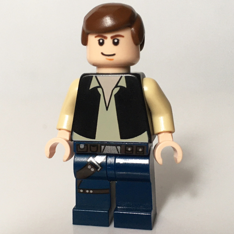 Han Solo, gilet noir, jambes bleu foncé, cheveux lisses, pas de lignes de joues (Han Solo, Black Vest, Dark Blue Legs, Smooth Hair, No Cheek Lines)