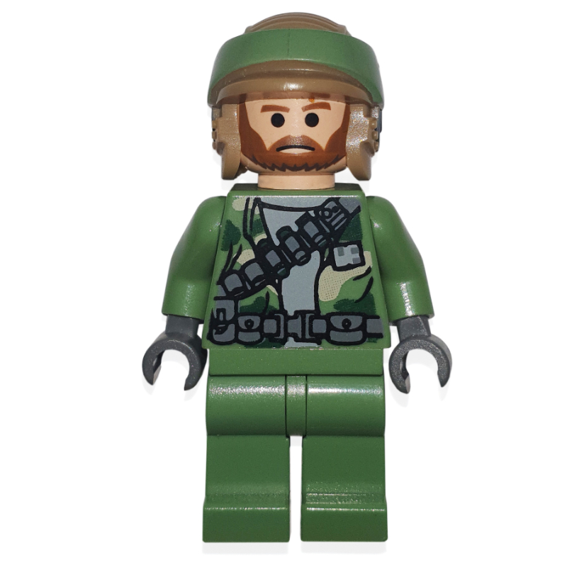Soldat rebelle en uniforme d'Endor, jambes vert sable, barbe brune, support de cou (Rebel Trooper in Endor Uniform, Sand Green Legs, Brown Beard, Neck Bracket)