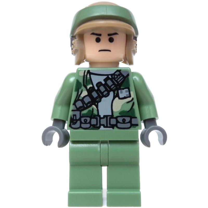 Soldat rebelle en uniforme d'Endor, jambes vert sable, yeux noirs, support de cou (Rebel Trooper in Endor Uniform, Sand Green Legs, Black Eyes, Neck Bracket)