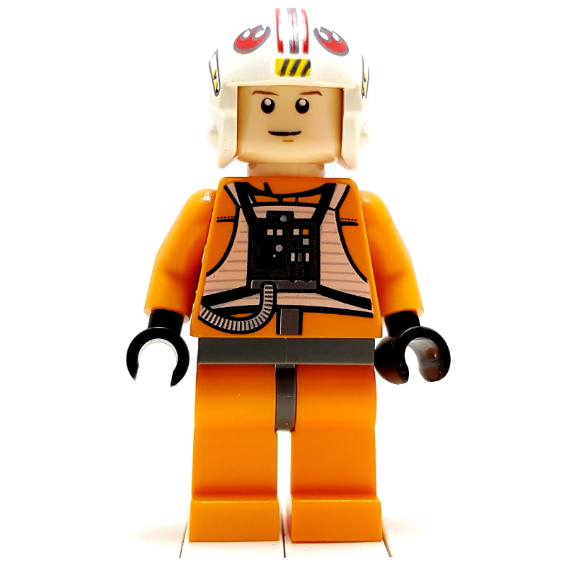 Luke Skywalker, tenue de pilote rebelle orange, hanches gris bleuté foncé, pupilles blanches (Luke Skywalker, Orange Rebel Pilot Outfit, Dark Bluish Gray Hips, White Pupils)