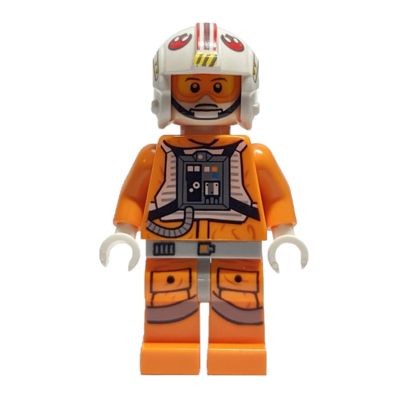 Luke Skywalker, tenue de pilote rebelle orange, hanches gris bleuté clair, mains blanches, visière sur un côté de la tête (Luke Skywalker, Orange Rebel Pilot Outfit, Light Bluish Gray Hips, White Hands,  Visor on One Side of Head)