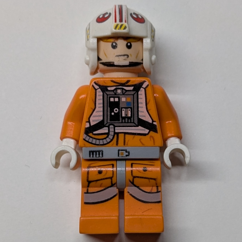 Luke Skywalker, tenue de pilote rebelle orange, hanches gris bleuté clair, mains blanches, visière des deux côtés de la tête (Luke Skywalker, Orange Rebel Pilot Outfit, Light Bluish Gray Hips, White Hands, Visor on Both Sides of Head)