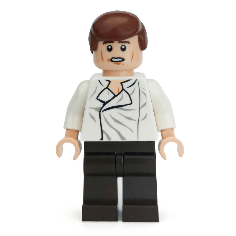Han Solo, chemise blanche, jambes brun foncé, double face bouche ouverte / yeux fermés, cheveux lisses (Han Solo, White Shirt, Dark Brown Legs, Dual Sided Head Open Mouth / Closed Eyes, Smooth Hair)