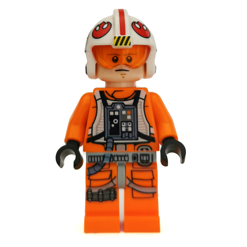 Luke Skywalker, tenue de pilote rebelle orange, hanches gris bleuté clair, mains noires, casque avec visière (Luke Skywalker, Orange Rebel Pilot Outfit, Light Bluish Gray Hips, Black Hands, Helmet with Visor)
