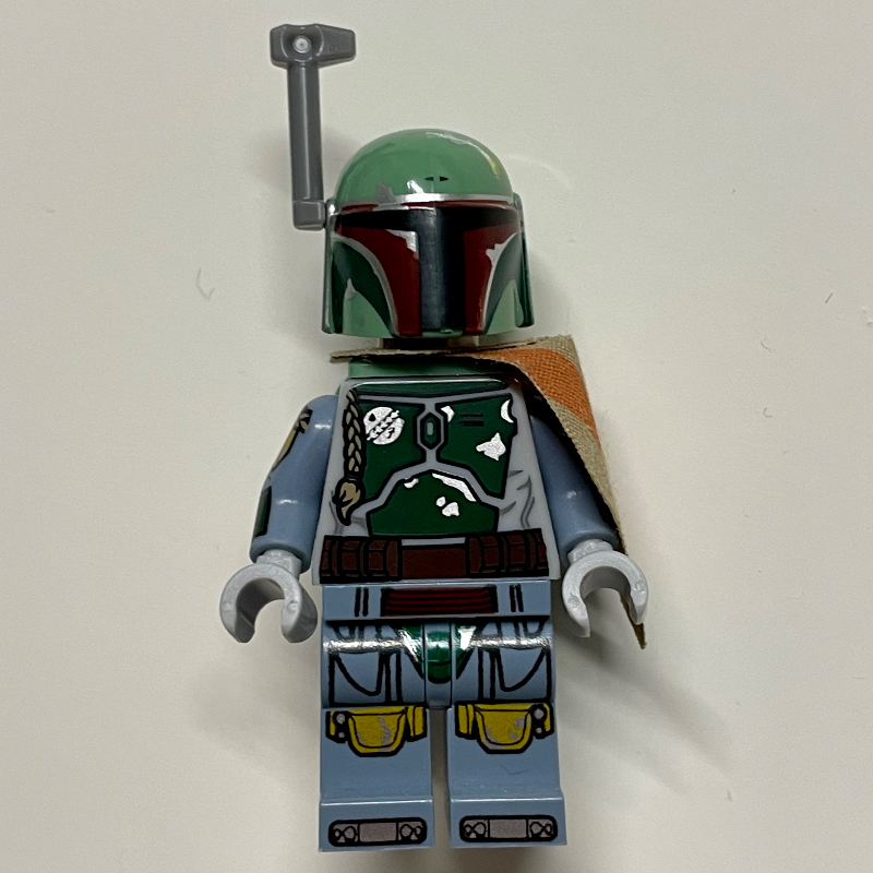 Boba Fett, casque, cou jetpack, épaulière beige foncé, bras imprimés, air sévère (Boba Fett, Helmet, Jetpack Neckwear, Dark Tan Pauldron, Printed Arms, Stern)