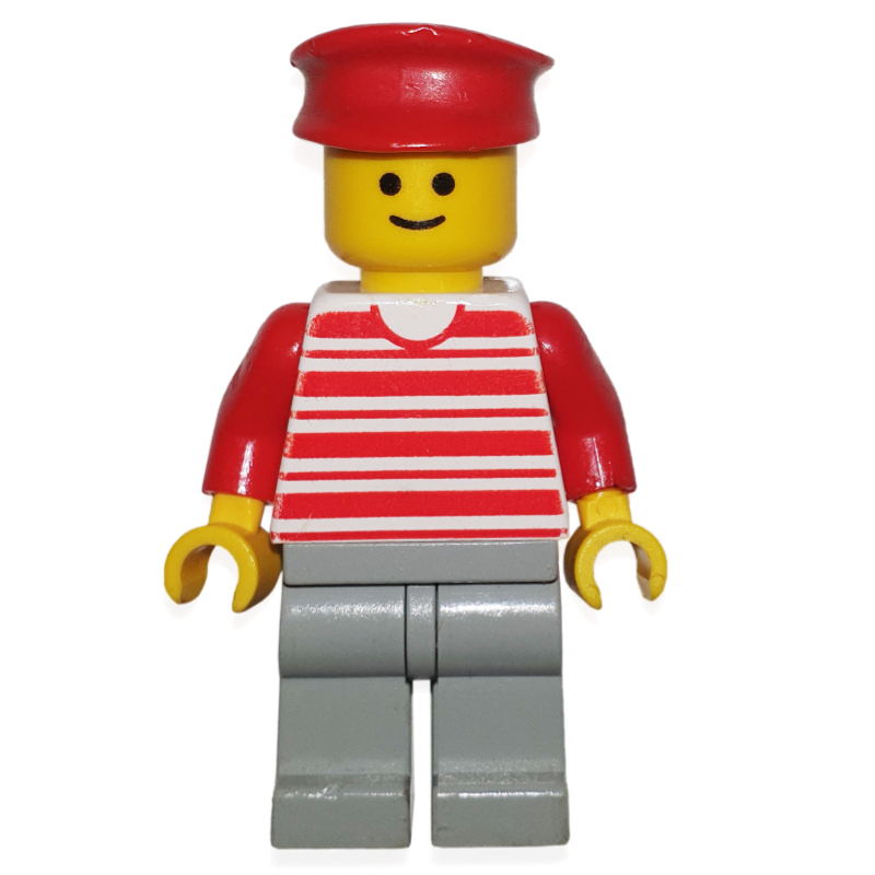 Homme - chemise rayée rouge/blanc, bras rouges, jambes gris clair, chapeau rouge (Man - Red/White Striped Shirt, Red Arms, Light Grey Legs, Red Hat)