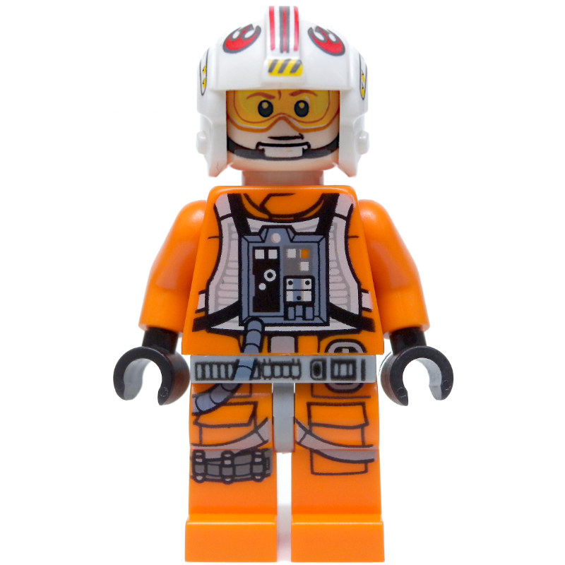 Luke Skywalker, tenue de pilote rebelle orange, hanches gris bleuté clair, mains noires, visière imprimée (Luke Skywalker, Orange Rebel Pilot Outfit, Light Bluish Gray Hips, Black Hands, Printed Visor)