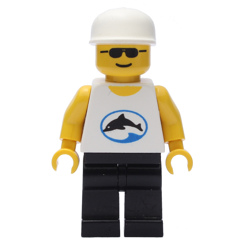 Homme - lunettes de soleil, torse blanc avec dauphin, jambes noires, casquette blanche (Man - Sunglasses, White Torso with Dolphin, Black Legs, White Cap)