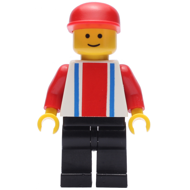 Homme - torse blanc avec rayures bleues / rouges, jambes noires, casquette rouge (Man - White Torso with Blue/Red Stripes, Black Legs, Red Cap)
