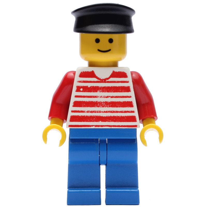Homme - chemise rayée rouge/blanc, bras rouges, jambes bleues, chapeau noir (Man - Red/White Striped Shirt, Red Arms, Blue Legs, Black Hat)