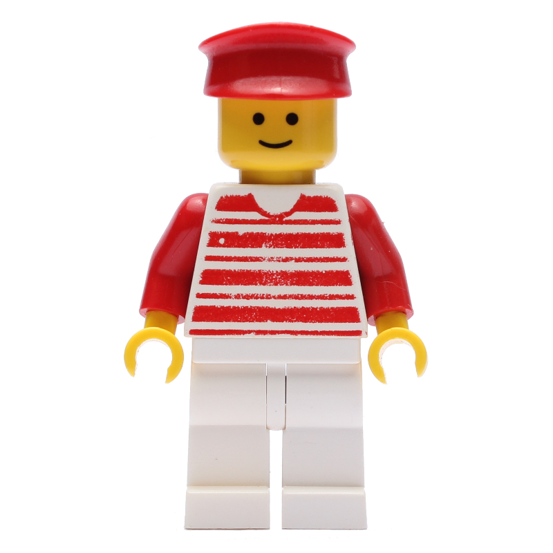 Homme - chemise rayée rouge/blanche, bras rouges, jambes blanches, chapeau rouge (Man - Red/White Striped Shirt, Red Arms, White Legs, Red Hat)
