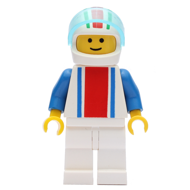 Coureur - torse blanc avec des rayures rouges / bleues, jambes blanches, casque blanc (Racer - White Torso with Red/Blue Stripes, White Legs, White Helmet)