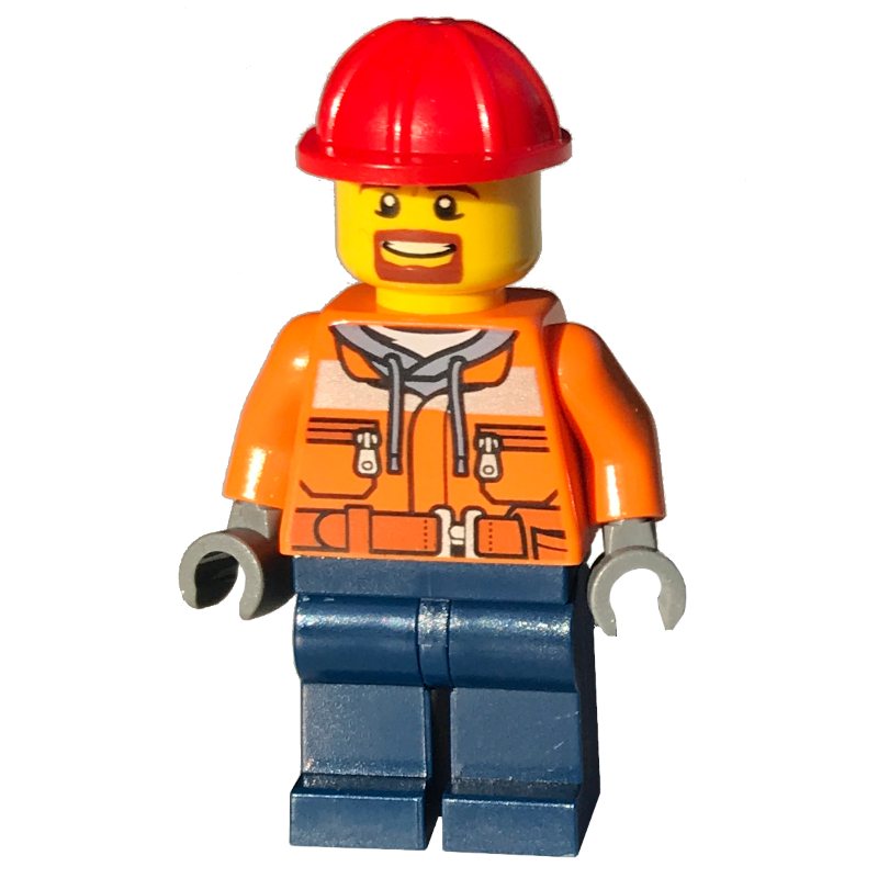 Conducteur de chariot élévateur - gilet orange, jambes bleu foncé, casque rouge (Forklift Driver - Orange Vest, Dark Blue Legs, Red Helmet)