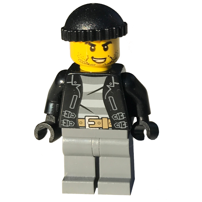 Bandit, veste noire ouverte sur la chemise de prison, jambes gris bleuté foncé, chapeau noir, barbe naissante (Criminal, Open Black Jacket over Prison Shirt, Dark Bluish Grey Legs, Black Hat, Stubble)