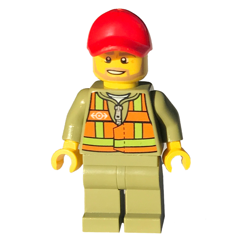 Conducteur de train - gilet orange, jambes vert olive, casquette rouge (Train Driver - Orange Vest, Olive Green Legs, Red Cap)