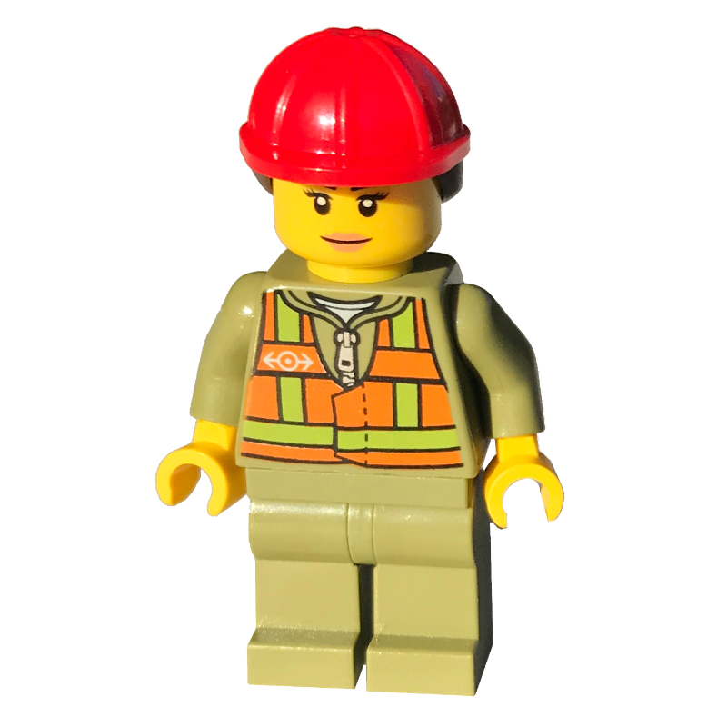Conducteur de train - gilet orange, jambes vert olive, casque rouge, femme (Train Driver - Orange Vest, Olive Green Legs, Red Helmet, Female)