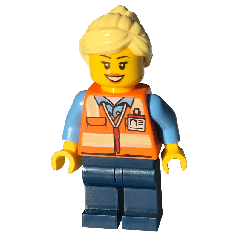 Ouvrier du train - gilet orange, jambes bleu foncé, cheveux jaune clair, femme (Train Worker - Orange Vest, Dark Blue Legs, Light Yellow Hair, Female)