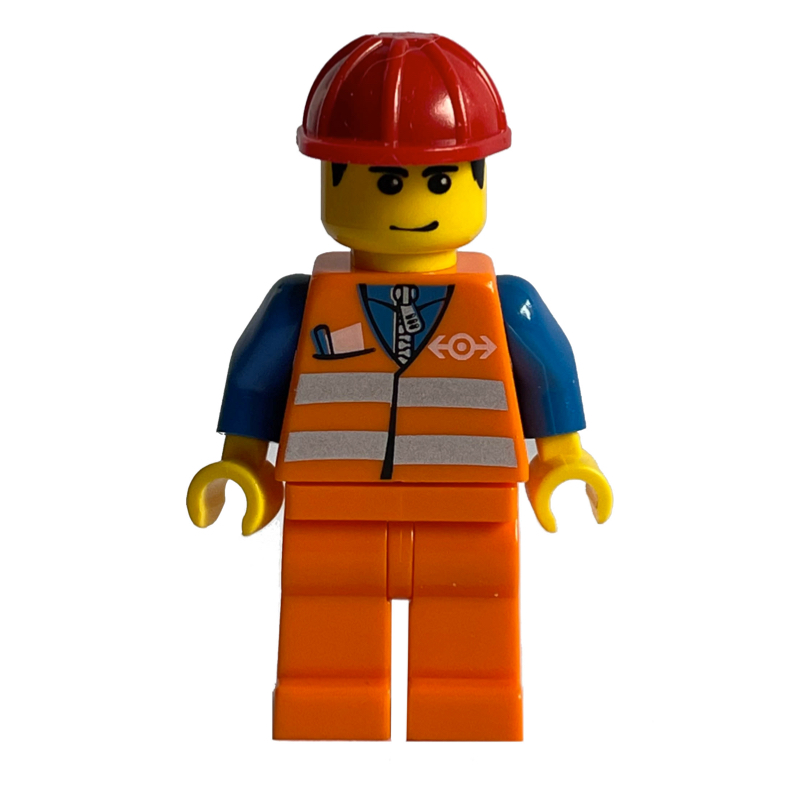 Ouvrier de train - gilet de sécurité orange, jambes orange, casque rouge (Train Worker - Orange Safety Vest, Orange Legs, Red Helmet)