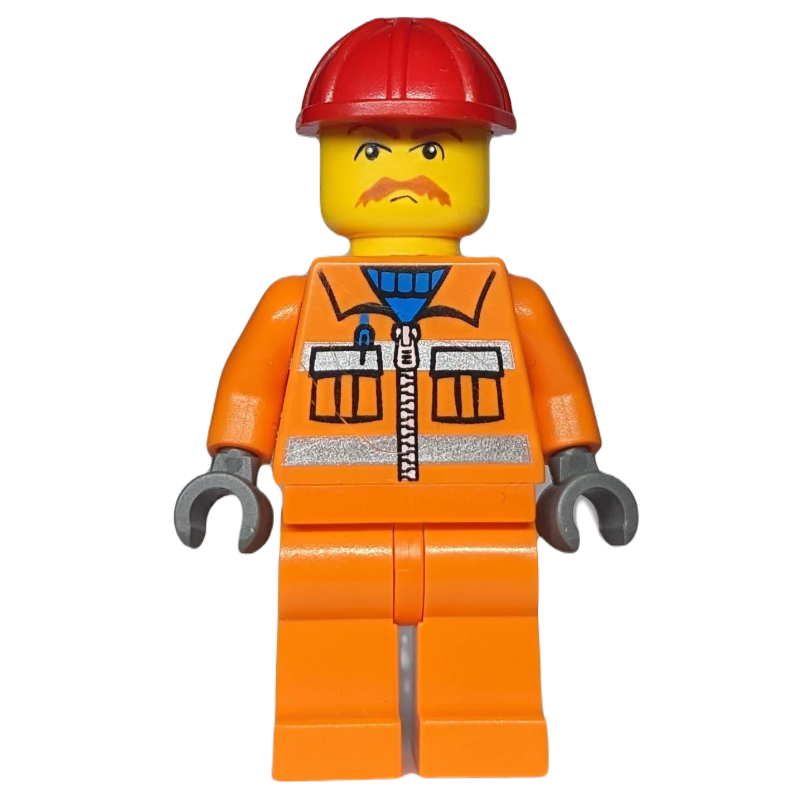 Ouvrier de train - gilet de sécurité orange, jambes orange, casque rouge (Train Worker - Orange Safety Vest, Orange Legs, Red Helmet)