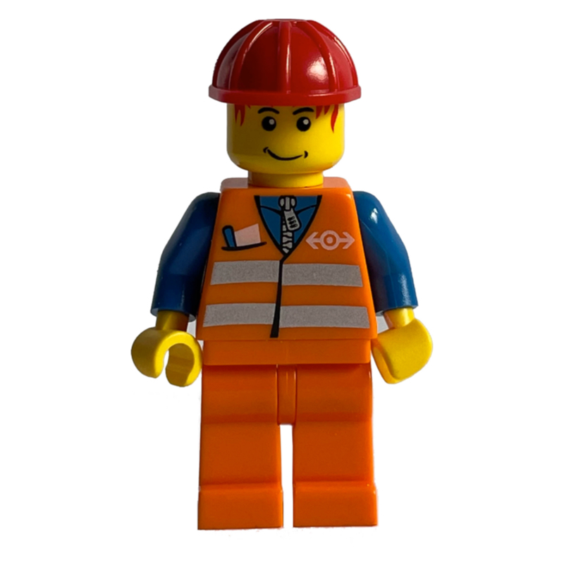 Ouvrier de train - gilet de sécurité orange, jambes orange, casque rouge, cheveux rouges (Train Worker - Orange Safety Vest, Orange Legs, Red Helmet, red Hair)