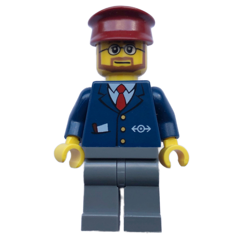 Conducteur - veste bleu foncé, jambes gris bleuté foncé, chapeau rouge foncé (Conductor - Dark Blue Jacket, Dark Bluish Grey Legs, Dark Red Hat)