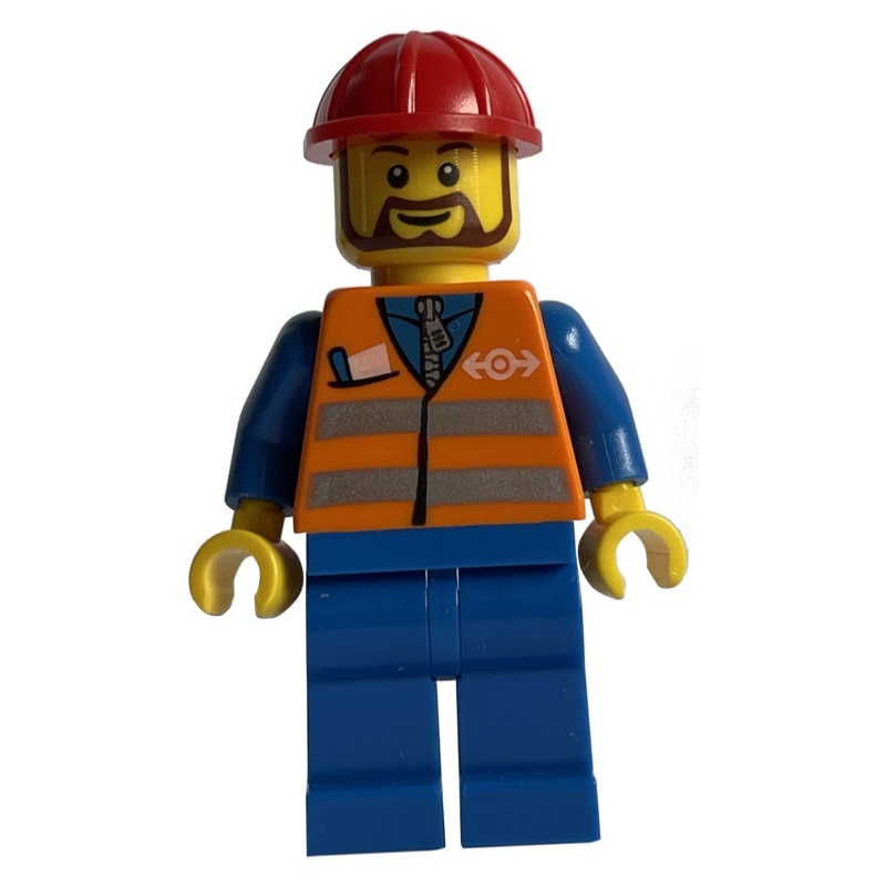 Travailleur - gilet de sécurité orange, jambes bleues, casque rouge, barbe brune (Worker - Orange Safety Vest, Blue Legs, Red Helmet, Brown Beard)