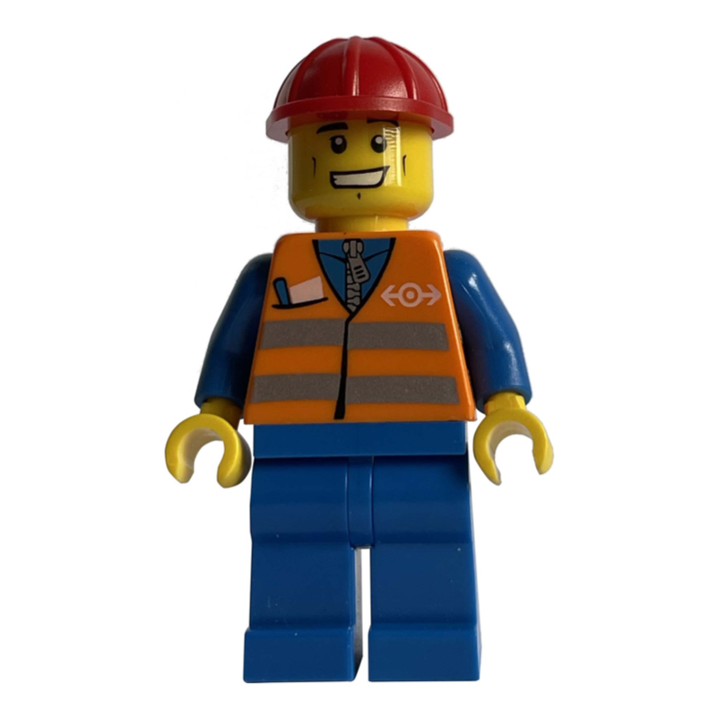 Travailleur - gilet de sécurité orange, jambes bleues, casque rouge, grand sourire (Worker - Orange Safety Vest, Blue Legs, Red Helmet, Grin)