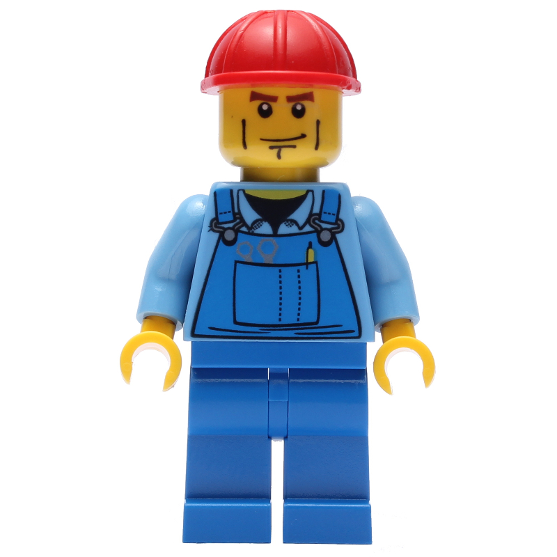 Travailleur - torse bleu moyen, salopette bleue, casque rouge (Worker - Medium Blue Torso, Blue Overall, Red Helmet)