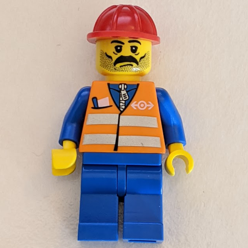 Travailleur - gilet de sécurité orange, jambes bleues, casque rouge, moustache noire (Worker - Orange Safety Vest, Blue Legs, Red Helmet, Black Moustache)