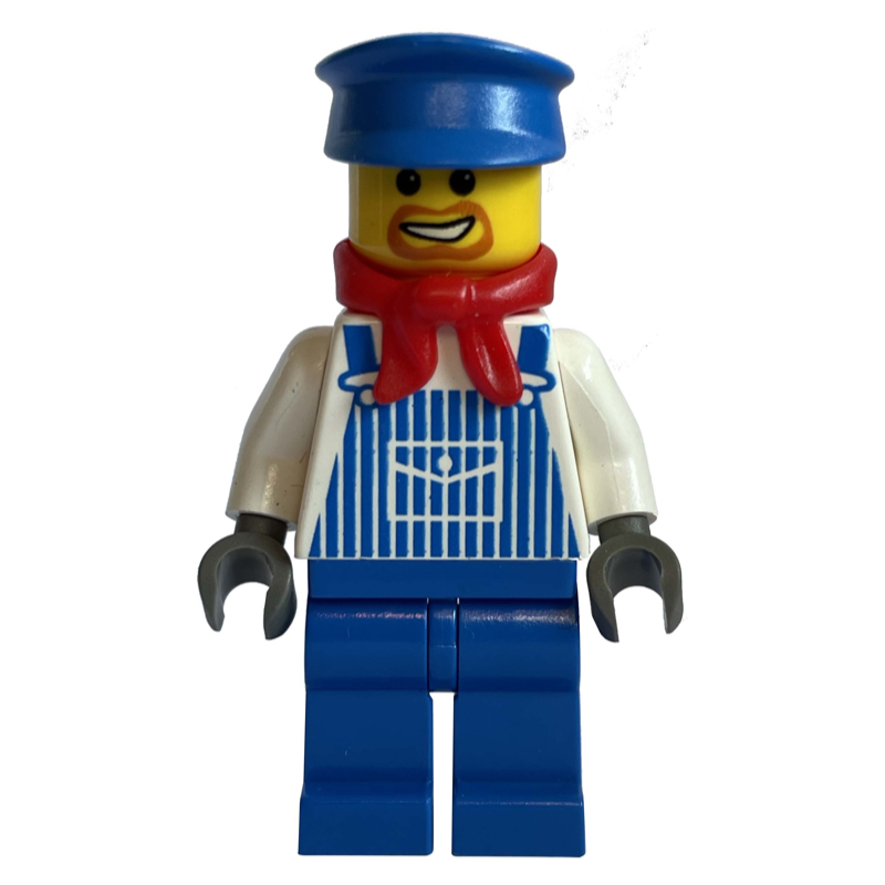 Train machinist - torse blanc, salopette bleue, chapeau bleu, écharpe rouge (Train Machinist - White Torso, Blue Overall, Blue Hat, Red Scarf)