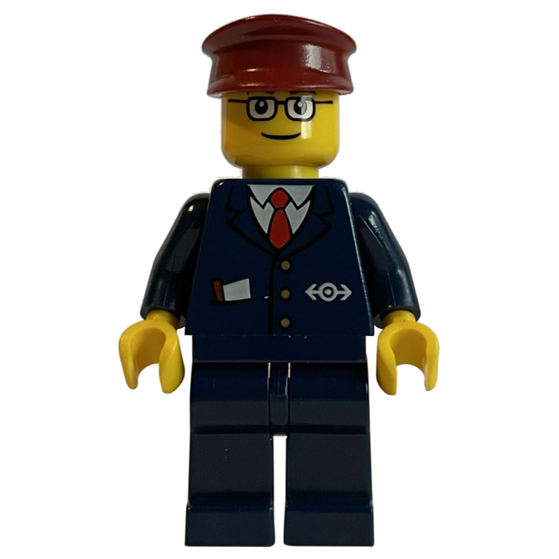 Conducteur de train - veste bleu foncé, jambes bleu foncé, chapeau rouge foncé, lunettes (3626b tête) (Train Conductor - Dark Blue Jacket, Dark Blue Legs, Dark Red Hat, Glasses (3626b head))