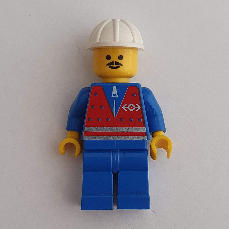 Travailleur du train - gilet rouge, jambes bleues, casque blanc, moustache (Train Worker - Red Vest, Blue Legs, White Helmet, Moustache)
