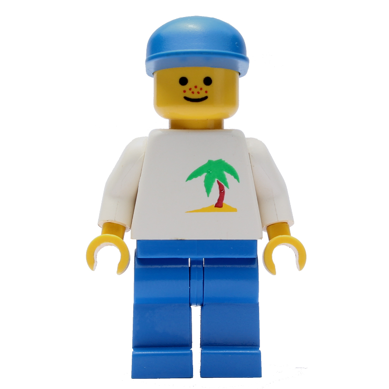 Homme - torse blanc avec palmier, jambes bleues, casquette bleue (Man - White Torso with Palmtree, Blue Legs, Blue Cap)