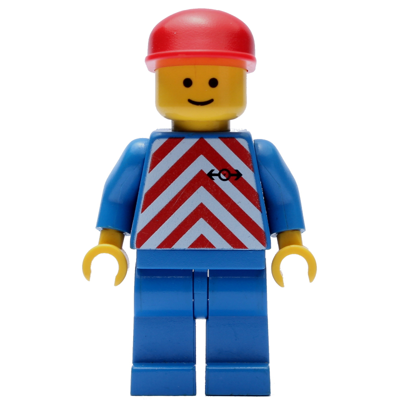 Train worker - chemise rouge/blanche, jambes bleues, casquette rouge (Train Worker - Red/White Shirt, Blue Legs, Red Cap)