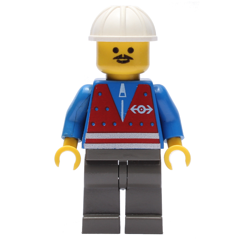 Travailleur du train - gilet rouge, jambes gris foncé, casque blanc, moustache (Train Worker - Red Vest, Dark Gray Legs, White Helmet, Moustache)