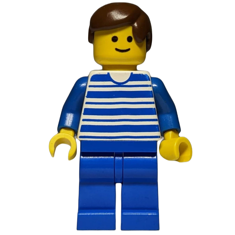 Homme - torse rayé bleu/blanc, jambes bleues, cheveux bruns (Man - Blue/White Striped Torso, Blue Legs, Brown Hair)