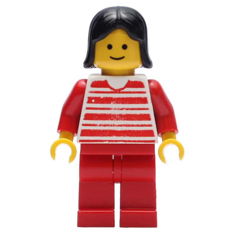 Femme - chemise rayée rouge et blanche, jambes rouges, cheveux noirs (3626b tête) (Woman - Red and White Striped Shirt, Red Legs, Black Hair (3626b Head))