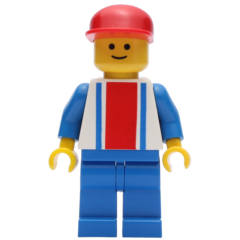 Homme - torse blanc avec rayures bleues / rouges, jambes bleues, casquette rouge (Man - White Torso with Blue/Red Stripes, Blue Legs, Red Cap)