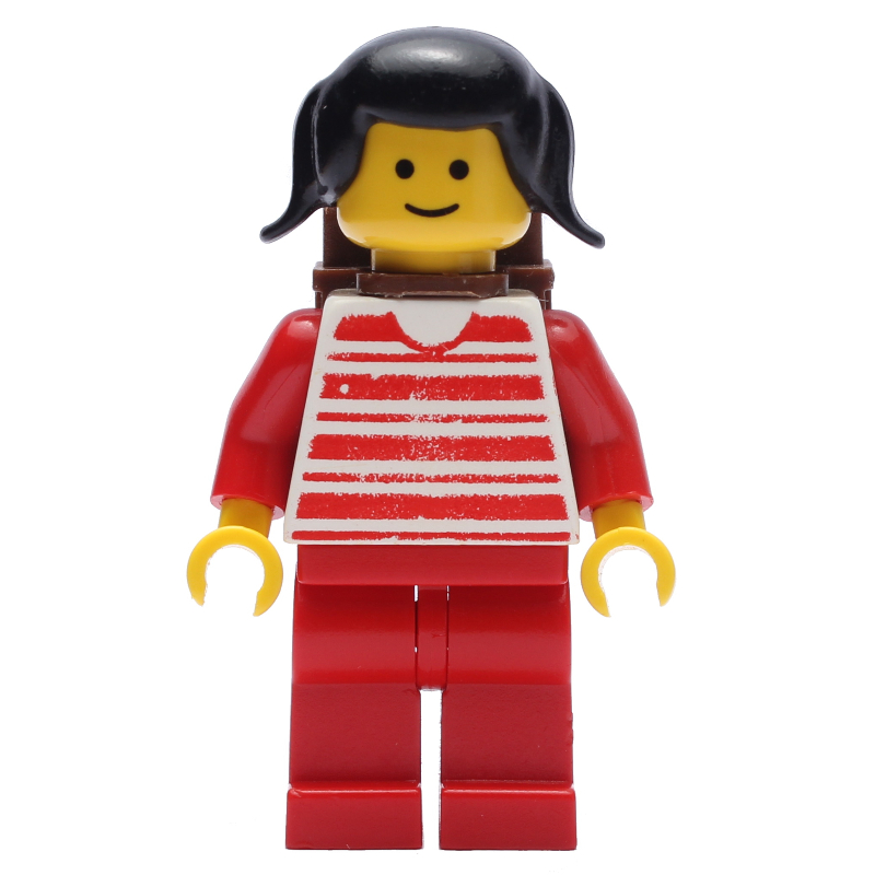 Femme - chemise rayée rouge/blanc, bras rouges, jambes rouges, sac à dos brun (Woman - Red/White Striped Shirt, Red Arms, Red Legs, Brown Backpack)