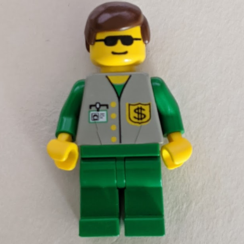 Employé de banque - gilet gris, jambes vertes, lunettes de soleil (Bank Employee - Gray Vest, Green Legs, Sunglasses)