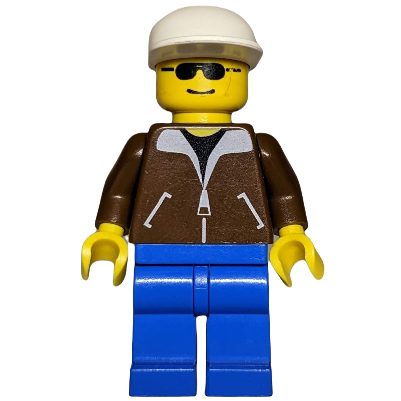 Homme - veste marron, jambes bleues, casquette blanche (Man - Brown Jacket, Blue Legs, White Cap)