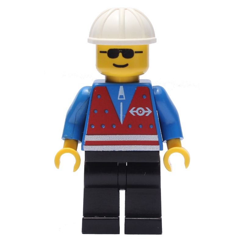 Travailleur du train - gilet rouge, jambes noires, casque blanc, lunettes de soleil (Train Worker - Red Vest, Black Legs, White Helmet, Sunglasses)