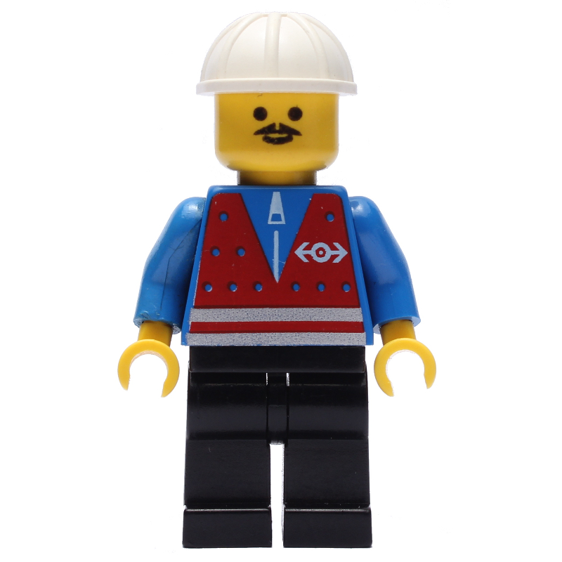 Employé ferroviaire — gilet rouge, jambes noires, casque blanc, moustache (Train Worker - Red Vest, Black Legs, White Helmet, Mustache)