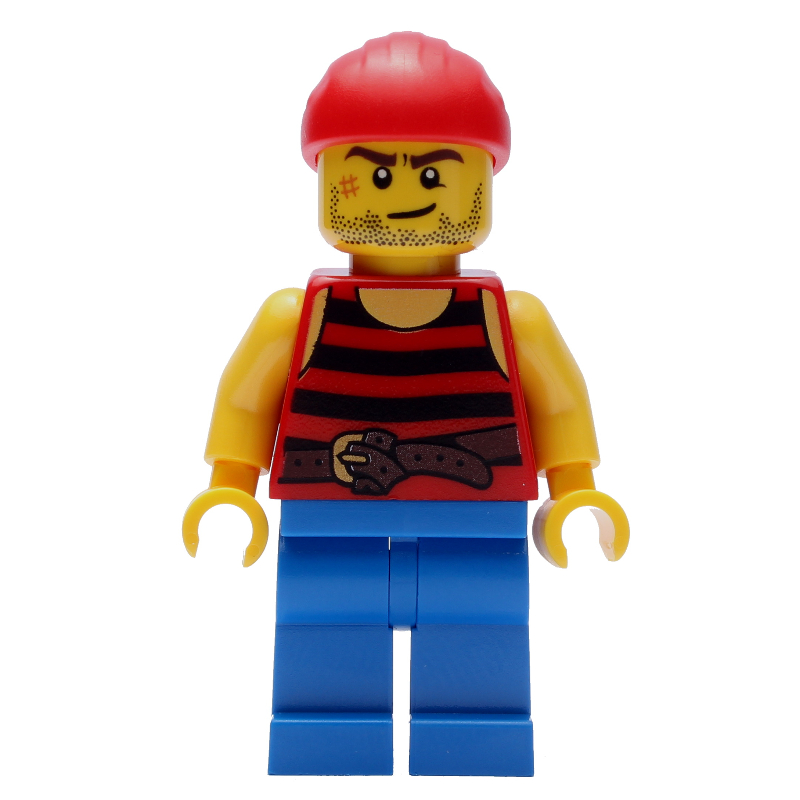 Pirate - rayures rouges / noires, jambes bleues, bandana rouge, cicatrice (Pirate - Red/Black Stripes, Blue Legs, Red Bandana, Scar)