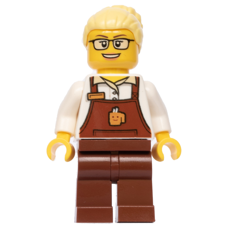 Barista, femme, torse blanc, tablier brun rougeâtre, cheveux jaune clair vif (Barista, Woman, White Torso, Reddish Brown Apron, Bright Light Yellow Hair)